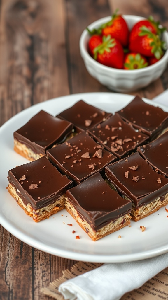No-bake chocolate biscuit dessert squares on a white plate, garnished with chocolate shavings and fresh strawberries.
